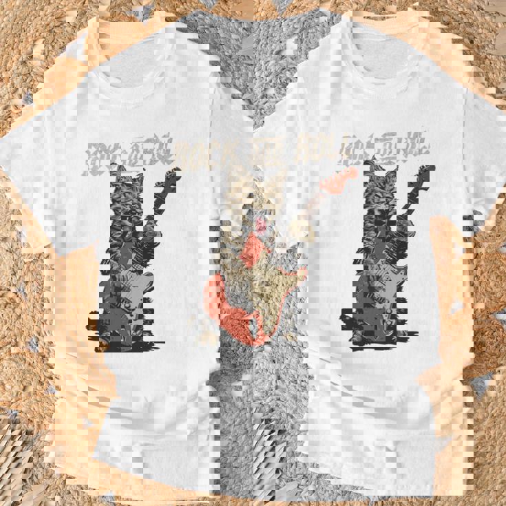 ロックンロール ギター 猫 ビンテージ Rock ギタリスト 猫 長袖tシャツ Tシャツ 高齢者への贈り物