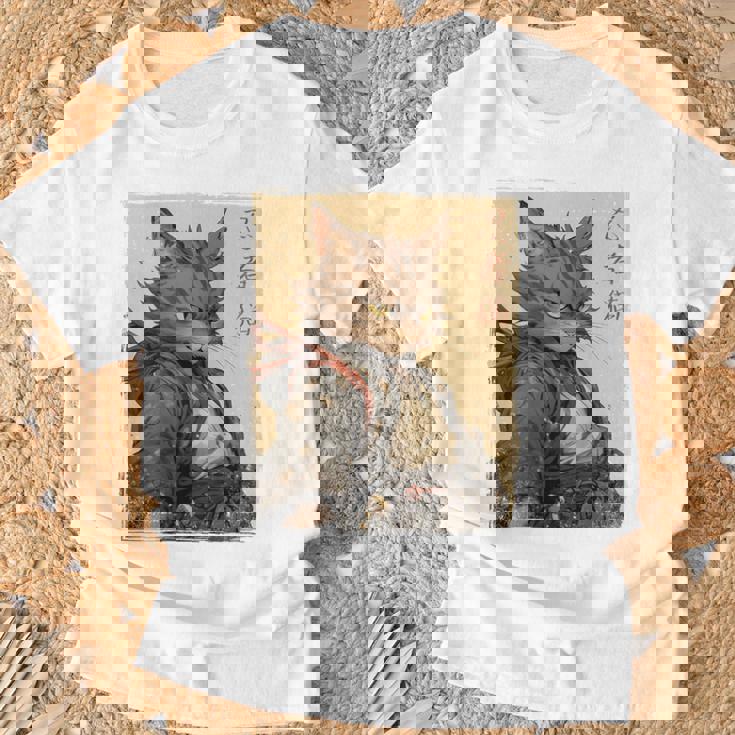 ヴィンテージ 日本の風景 侍 猫 漢字 Art Back Tシャツ 高齢者への贈り物