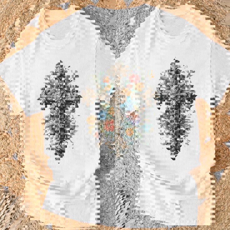 十字架 スピリチュアル キリスト 花 イエス 信仰 十字架 十字架 長袖tシャツ Tシャツ 高齢者への贈り物