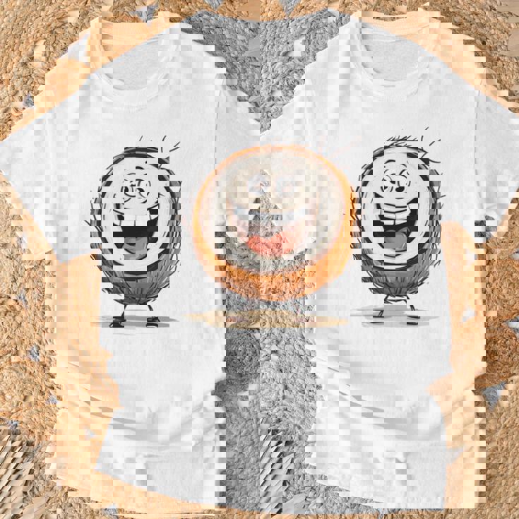 幸せな笑顔のココナッツの顔の漫画 長袖tシャツ Tシャツ 高齢者への贈り物