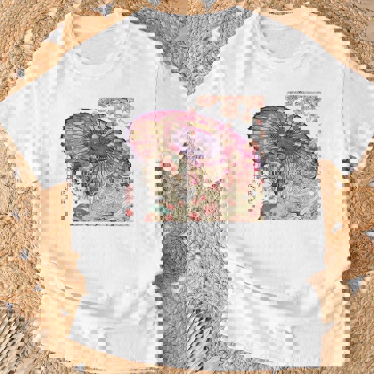 振り返る娘 見返り美人 日本美人 花街 浮世絵 桜 花 奇麗 赤 バックプリント Tシャツ 高齢者への贈り物