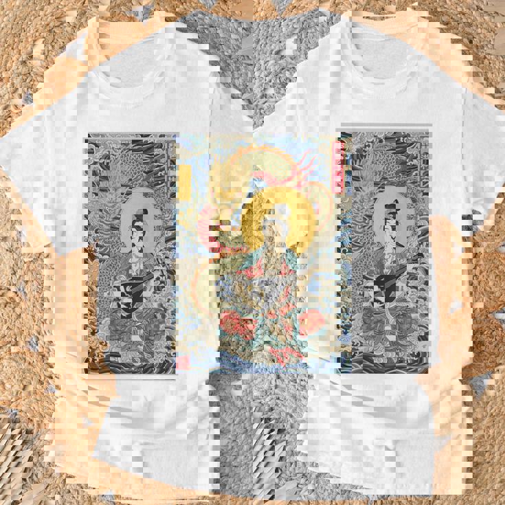 日本 浮世絵 滋賀 琵琶湖 竹生島 弁財天 竜 龍神 バックプリント Tシャツ 高齢者への贈り物