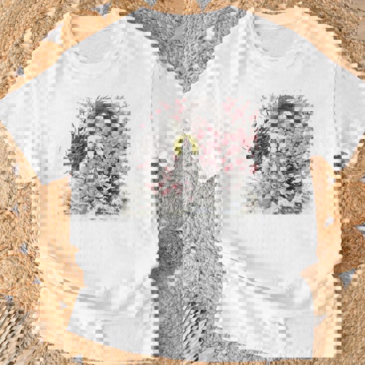 日本 浮世絵 観音菩薩 竜 桜 波 バックプリント Tシャツ 高齢者への贈り物