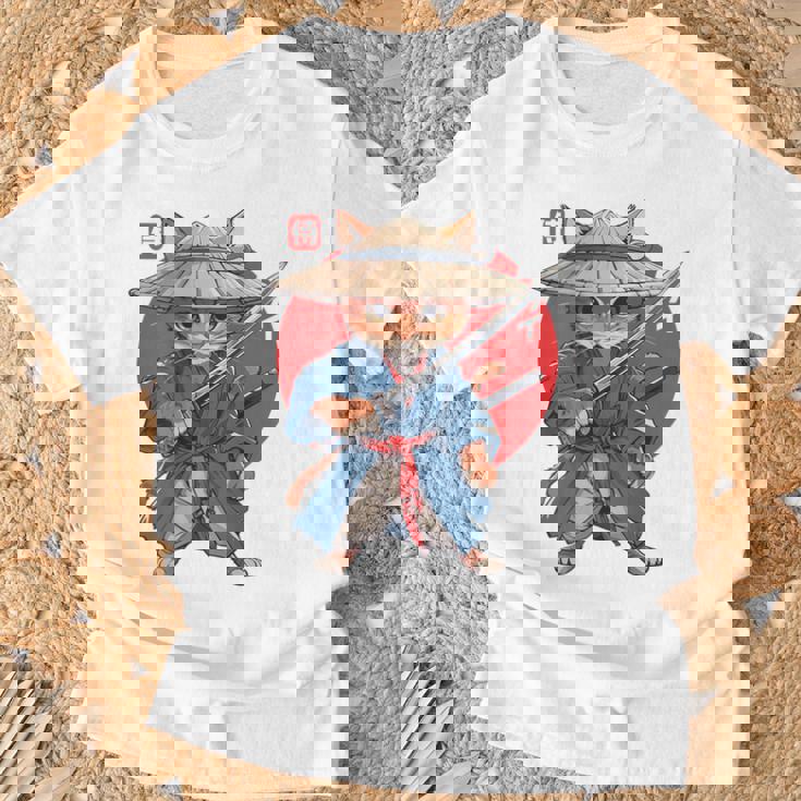 日本の侍 猫戦士 浮世侍 バックプリント Tシャツ 高齢者への贈り物