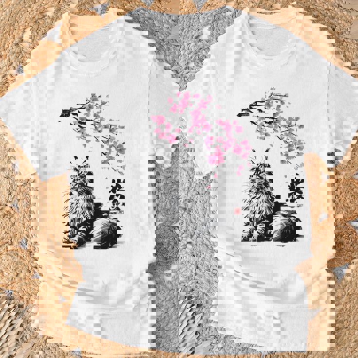 日本美術 メインクーン 猫 桜 桜 Tシャツ 高齢者への贈り物