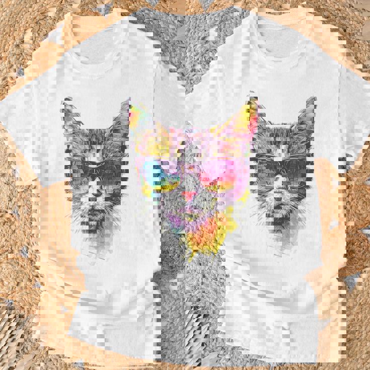 猫 動物 抽象 モチーフ サングラス イラスト アート ネコ Tシャツ 高齢者への贈り物