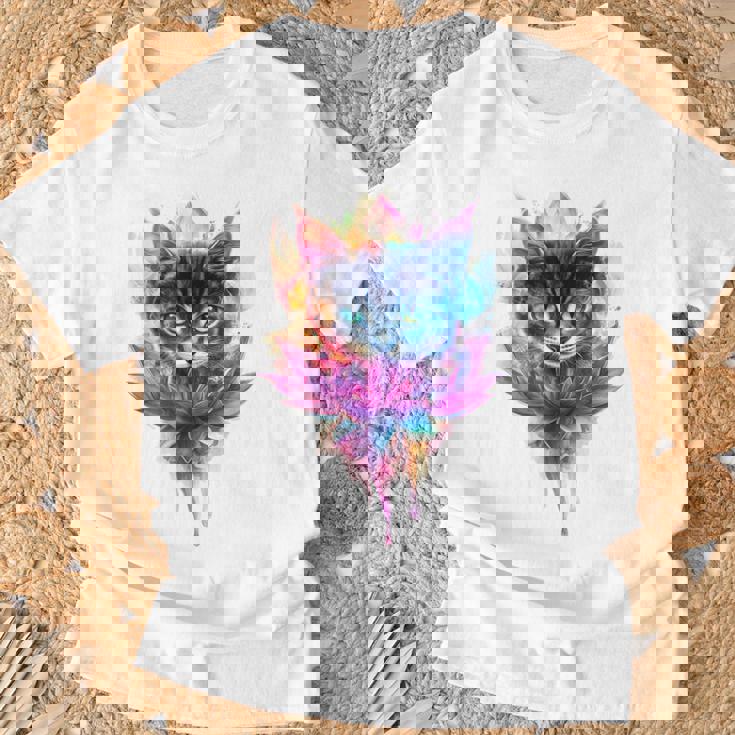 猫 花 カラフル かわいい アート 動物好き グラフィック 猫 Tシャツ 高齢者への贈り物