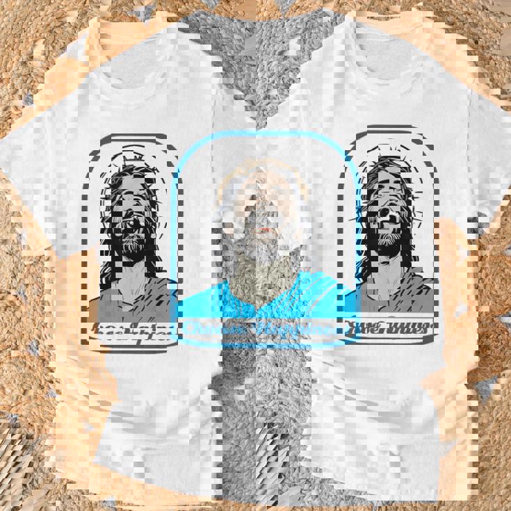 笑うイエス キリスト 喜び 幸せな笑顔 自信 いばらの冠 満足感 クリスマスプレゼント 贈り物 お土産 ポジティブ Tシャツ 高齢者への贈り物