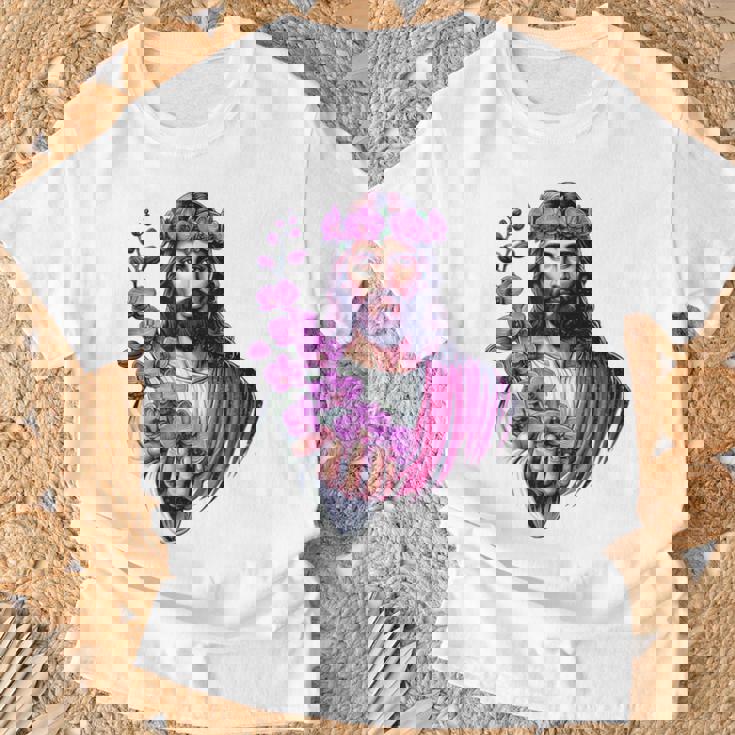 紫の蘭を持つイエス Tシャツ 高齢者への贈り物