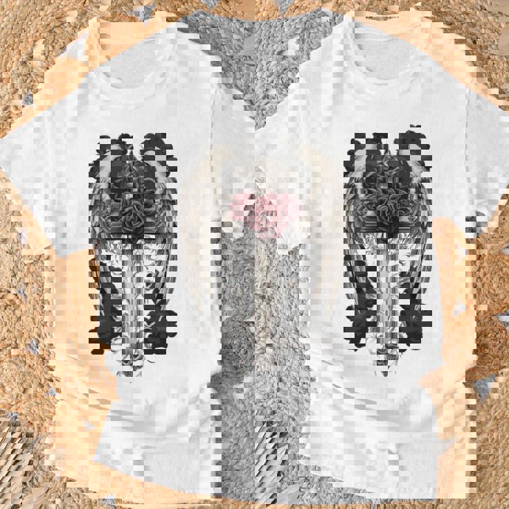 翼とバラのゴシック・クロス 長袖tシャツ Tシャツ 高齢者への贈り物