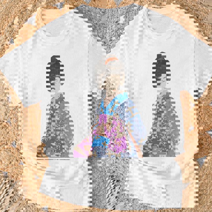 青い着物を着た美しい芸者 日本画 鳥居 言人 帯 美人画 新版画 日本画 長袖tシャツ Tシャツ 高齢者への贈り物