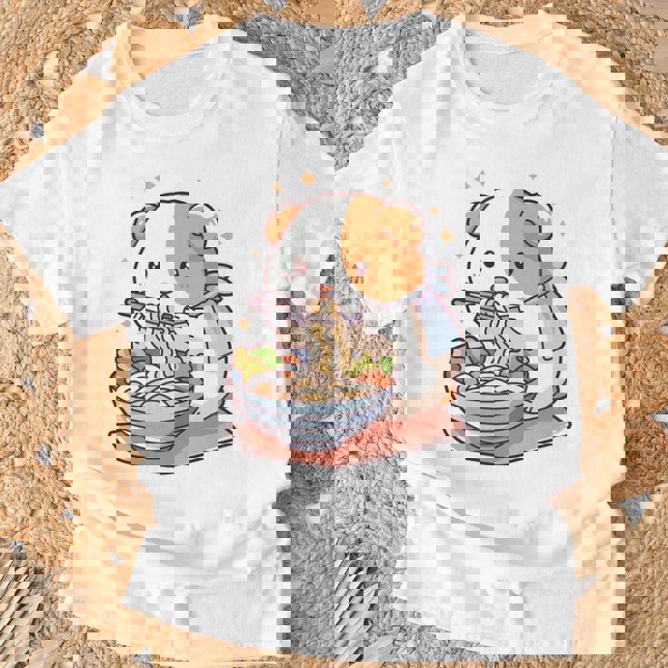 面白いモルモット 箸でラーメンを食べる アニメ 長袖tシャツ Tシャツ 高齢者への贈り物