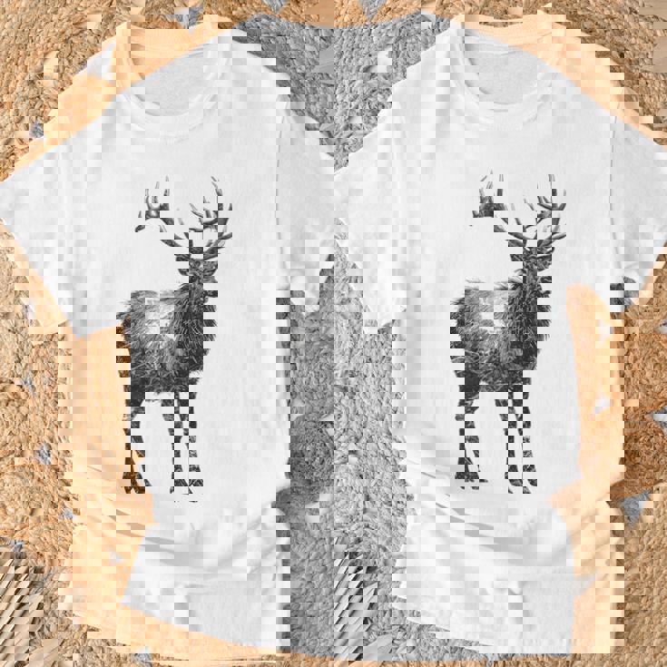 鹿 動物 プリント モチーフ 図面 イラスト ポートレート 鹿 Tシャツ 高齢者への贈り物