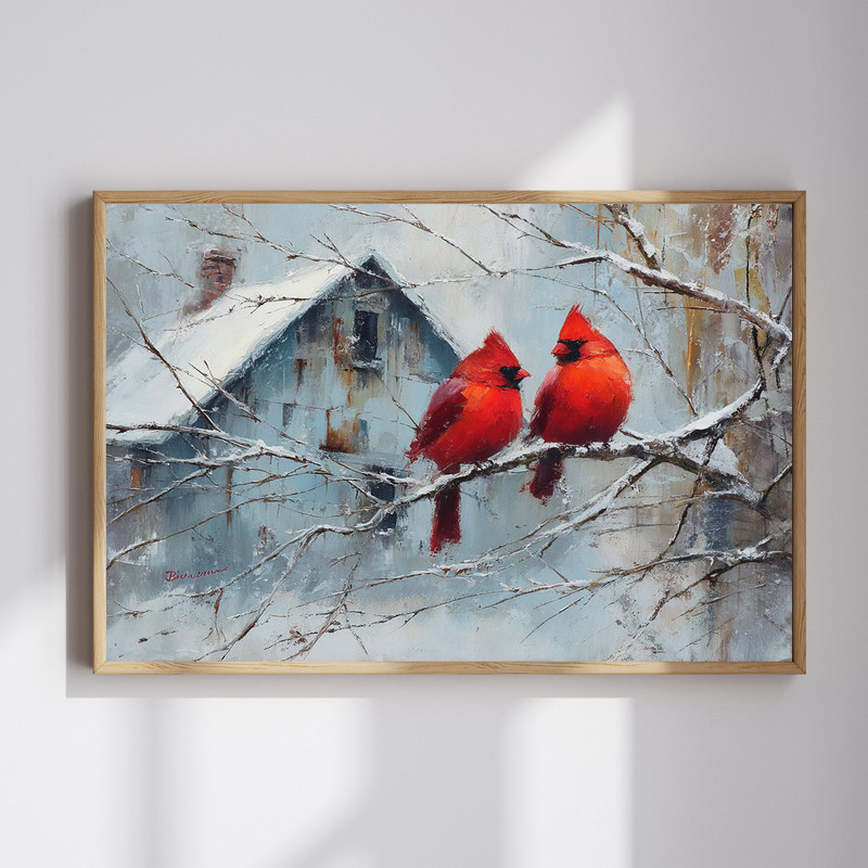 Cardinals and house in snow canvas wall art with red birds by a cozy cottage, rustic Christmas living room winter decor | Family Wall Decor