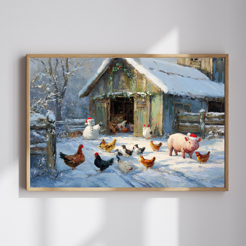 Christmas chickens and ducks canvas wall art, festive farm animal holiday decor for living room in cozy farmhouse style | Family Wall Decor