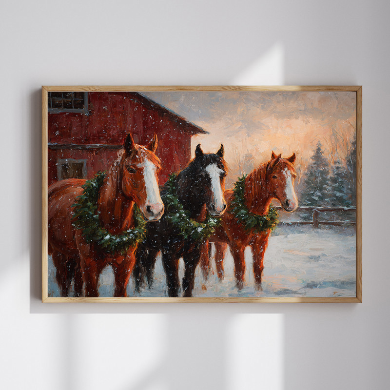 Christmas horses in snow canvas wall art, rustic farm style winter scene for holiday living room wall decor accent Christmas horses in snow canvas wall art, rustic farm style winter scene for holiday living room wall decor accent
