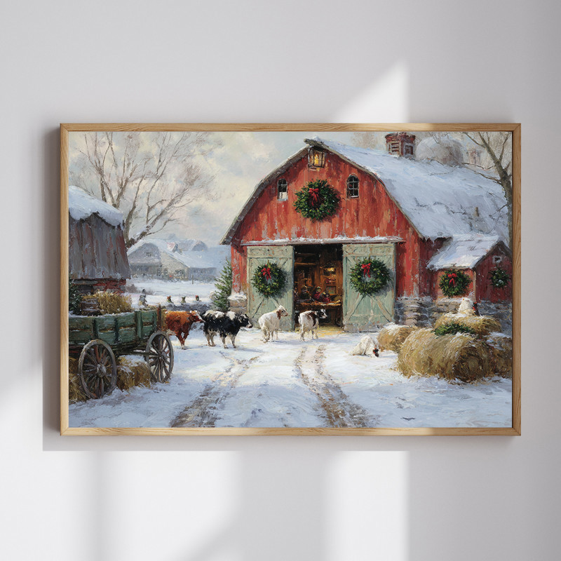 Christmas farm canvas wall art with rustic barn, snowfall, and farm animals, warm holiday farmhouse decor in landscape