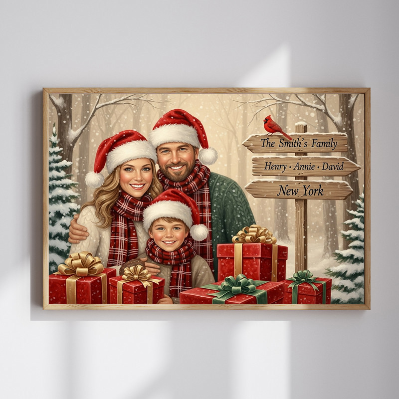 Snowy forest family portrait canvas wall art, personalized Christmas decor for holiday living room with snowfall and pines | Familywalldecor