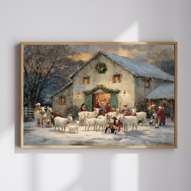 Farm animals in winter canvas wall art with rustic Christmas barn, cows and sheep in snow, farmhouse living room decor Farm animals in winter canvas wall art with rustic Christmas barn, cows and sheep in snow, farmhouse living room decor