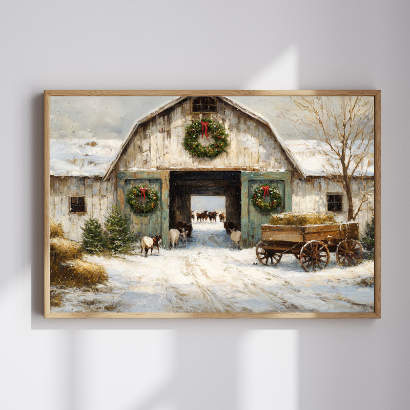 Farmhouse winter barn canvas wall art featuring a snowy rustic Christmas scene, country style decor for living room walls | Family Wall Decor