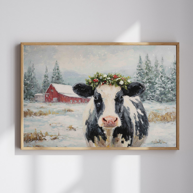 Gentle cow with festive green wreath canvas wall decor, portrait rustic farmhouse style for living room, neutral backdrop. | Family Wall Decor