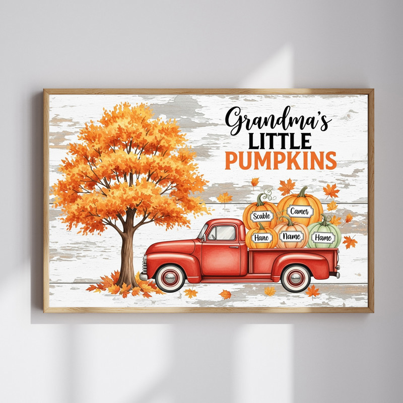 Grandma Little Pumpkin canvas wall art with orange pumpkin graphic and rustic script, farmhouse accent for room fall decor | Familywalldecor