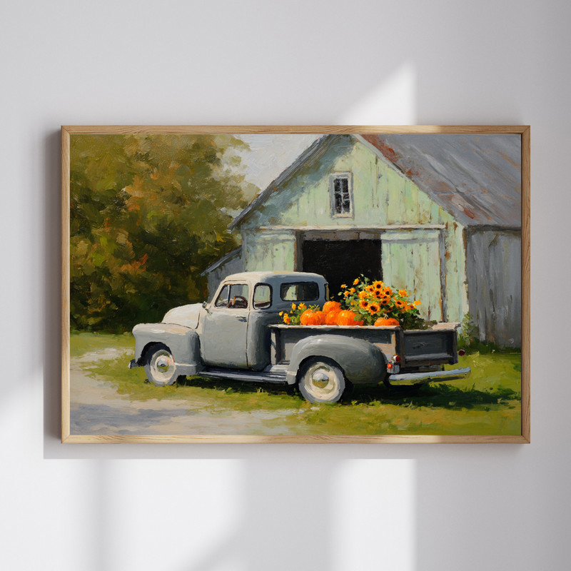 Happy harvest truck canvas wall art with vintage pickup and pumpkins in fall, rustic farmhouse for living room decor | Familywalldecor