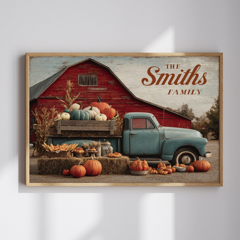 Custom Family Name Fall Harvest Barn & Pumpkins Canvas Art | Family Wall Decor