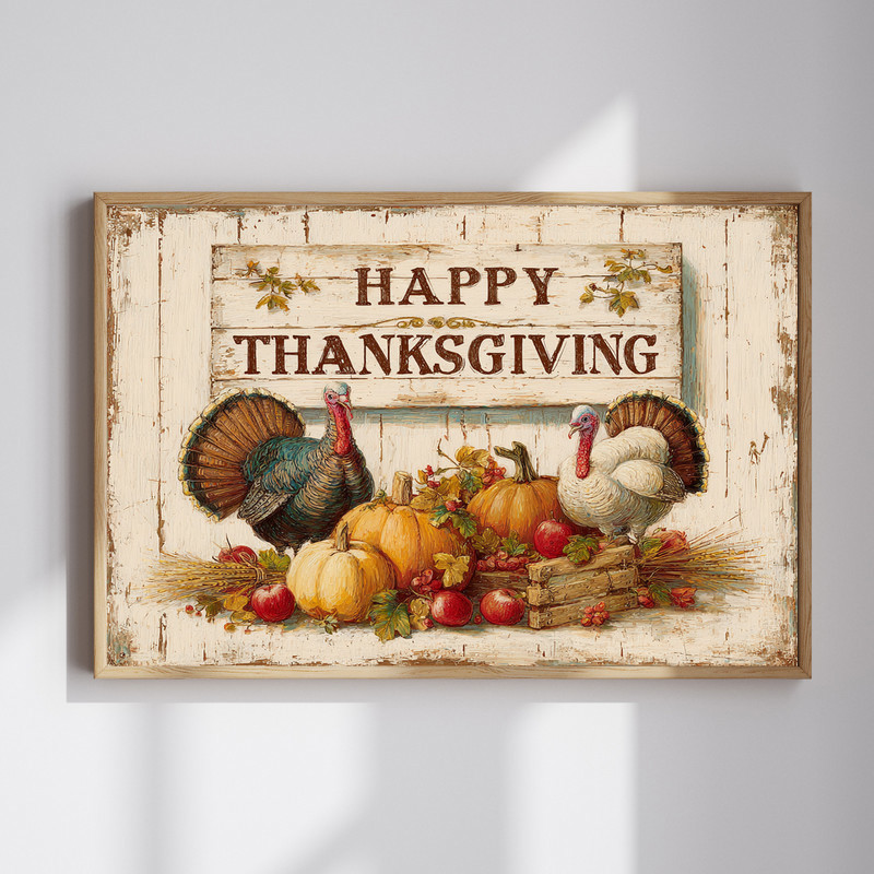 Happy Thanksgiving turkey family farmhouse canvas wall art for living room, rustic fall decor to warm your seasonal space | Family Wall Decor