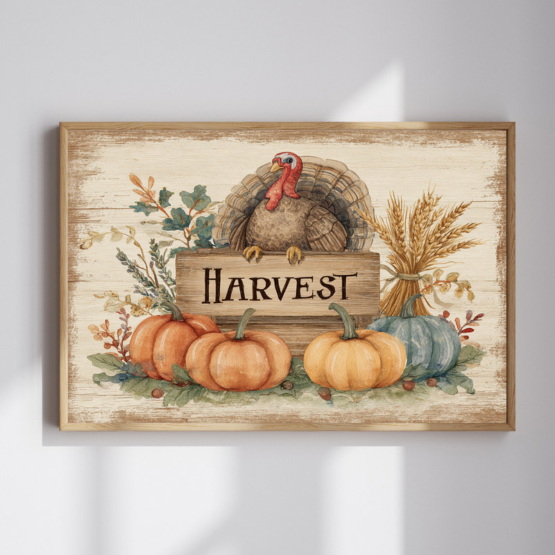 Harvest Blessings turkey canvas wall art, rustic fall palette with foliage, ideal for living room Thanksgiving decor | Familywalldecor