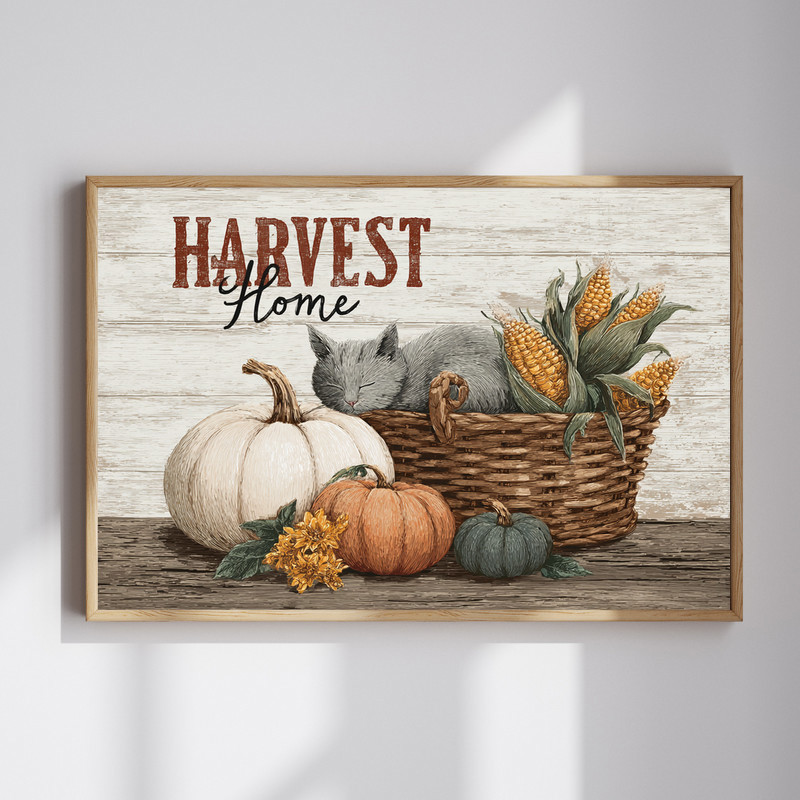 Harvest home cat canvas wall art with cozy farmhouse fall accents, pumpkins and leaves, perfect for warm living room decor | Family Wall Decor