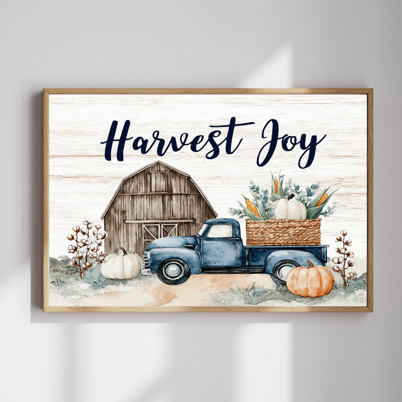 Harvest Joy Barn on a Hill & Vintage Truck canvas, rustic farmhouse wall art in warm autumn tones for living room decor | Familywalldecor