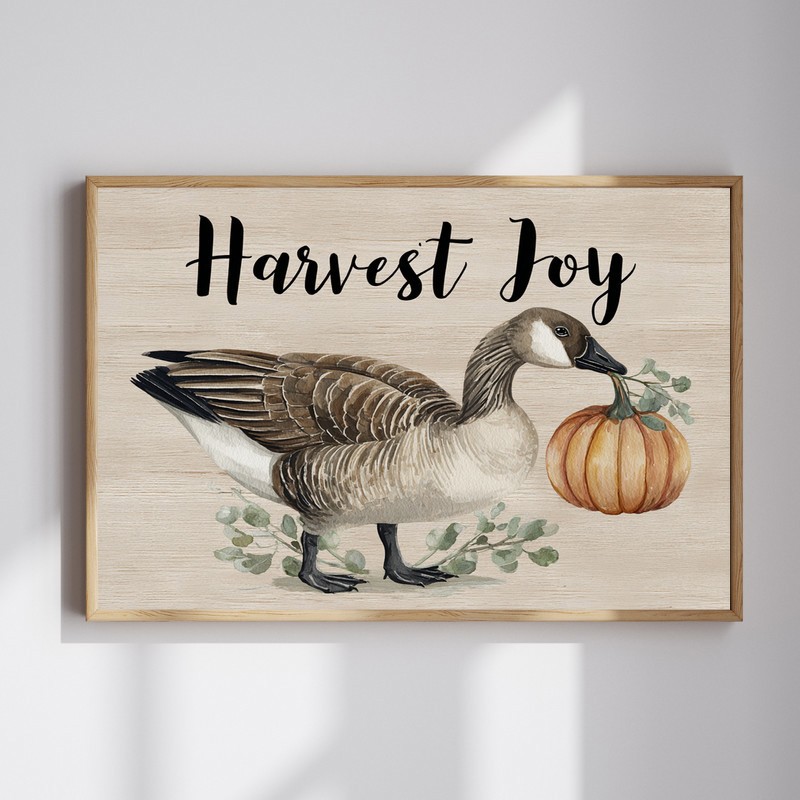 harvest goose with pumpkin canvas wall art, rustic fall decor with warm earth tones for living room, landscape orientation | Familywalldecor