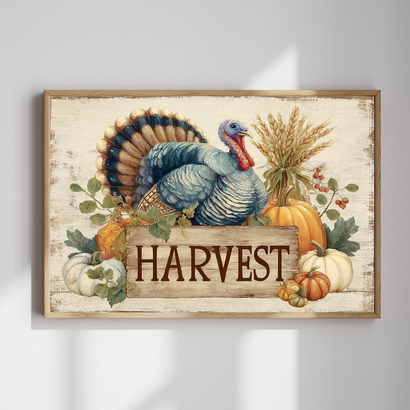 Harvest turkey canvas wall art in rustic fall style, warm earth tones, ideal for Thanksgiving living room decor | Familywalldecor