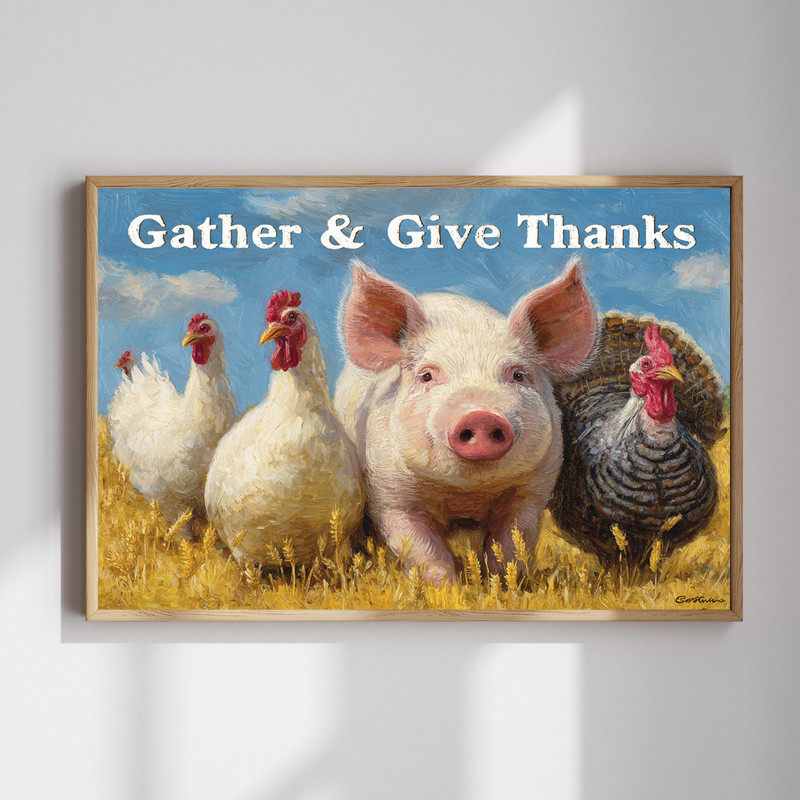 Playful Thanksgiving animals canvas wall art with turkey and fox amid pumpkins and fall leaves, cozy living room decor, landscape. | Family Wall Decor