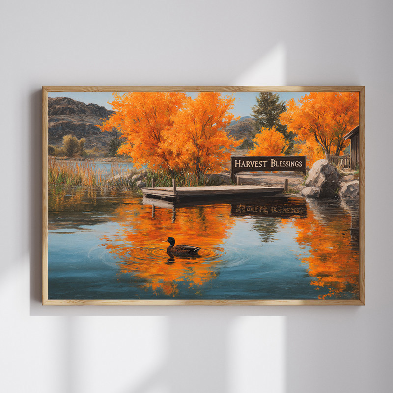 Quiet lakeside autumn scene canvas wall art with golden foliage and glassy reflections, horizontal for living room decor | Familywalldecor