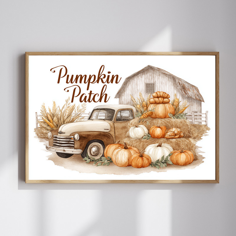Rustic pumpkins patch canvas, farmhouse watercolor wall art for living room, orange and white gourds on soft neutral field | Family Wall Decor