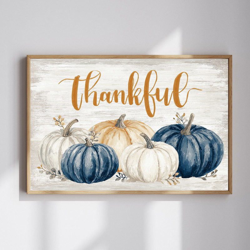 Thanksgiving pumpkin canvas wall art with warm earthy tones and autumn leaves, horizontal piece for rustic living room decor | Familywalldecor