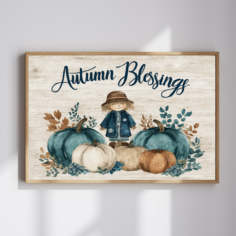 Autumn blessings watercolor canvas wall art, landscape orientation with warm earthy tones for cozy living room decor | Familywalldecor