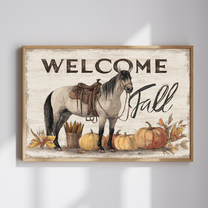 Welcome Fall horse and pumpkins rustic farmhouse canvas wall art for living room, warm autumn tones and vintage country style | Family Wall Decor