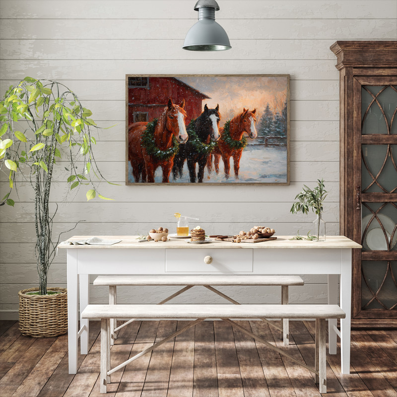Christmas horses in snow canvas wall art, country farmhouse aesthetic, festive winter decor for living room gallery wall Christmas horses in snow canvas wall art, country farmhouse aesthetic, festive winter decor for living room gallery wall
