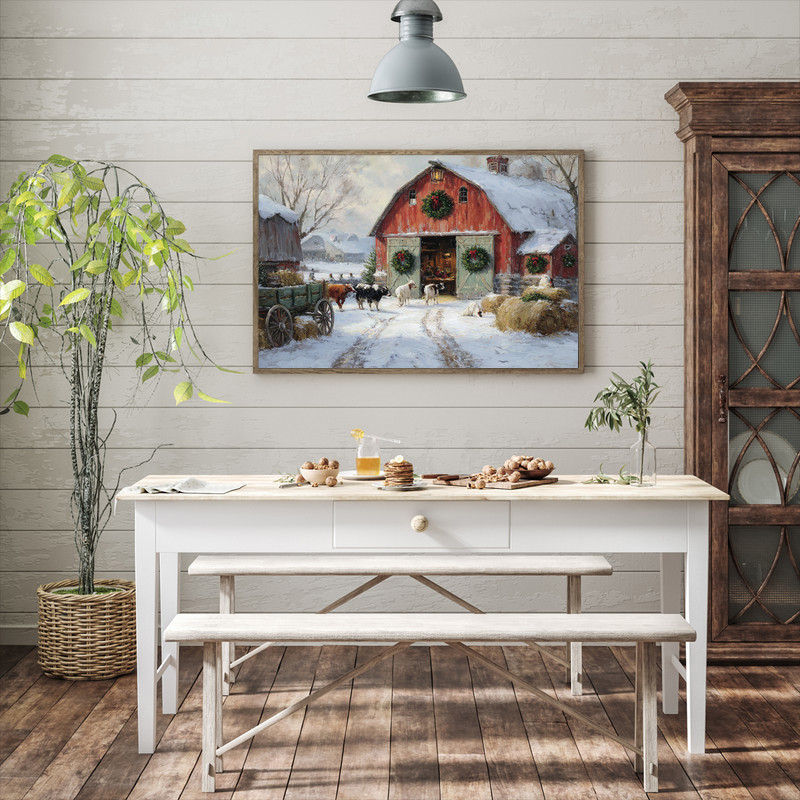 Christmas on the farm canvas wall art showcasing a red barn in snow with farm animals and wreaths, cozy rustic holiday style