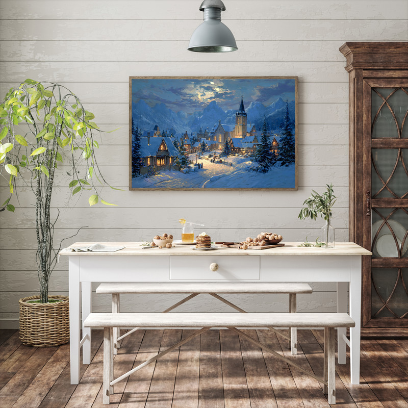 Christmas village holy night canvas wall art, starry blue night sky and warm lights, landscape piece for holiday living rooms