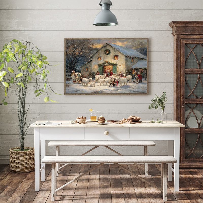 Farm animals in winter canvas wall art, rustic Christmas with horses and chickens, pine trees, farmhouse wall decor, portrait Farm animals in winter canvas wall art, rustic Christmas with horses and chickens, pine trees, farmhouse wall decor, portrait