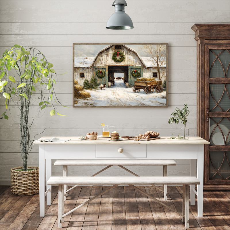 Rustic Christmas barn canvas wall art with snow-covered farmhouse and pines, country home decor accent for the living room