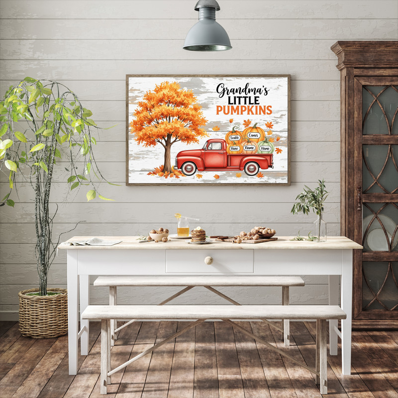 Grandma Little Pumpkin canvas wall art with buffalo plaid accents and tones, horizontal for farmhouse grandma gift