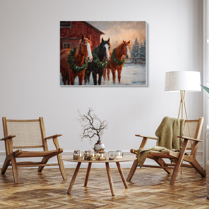 Christmas horses in snow canvas wall art, rustic farm winter landscape adds holiday charm to living room farmhouse wall decor Christmas horses in snow canvas wall art, rustic farm winter landscape adds holiday charm to living room farmhouse wall decor
