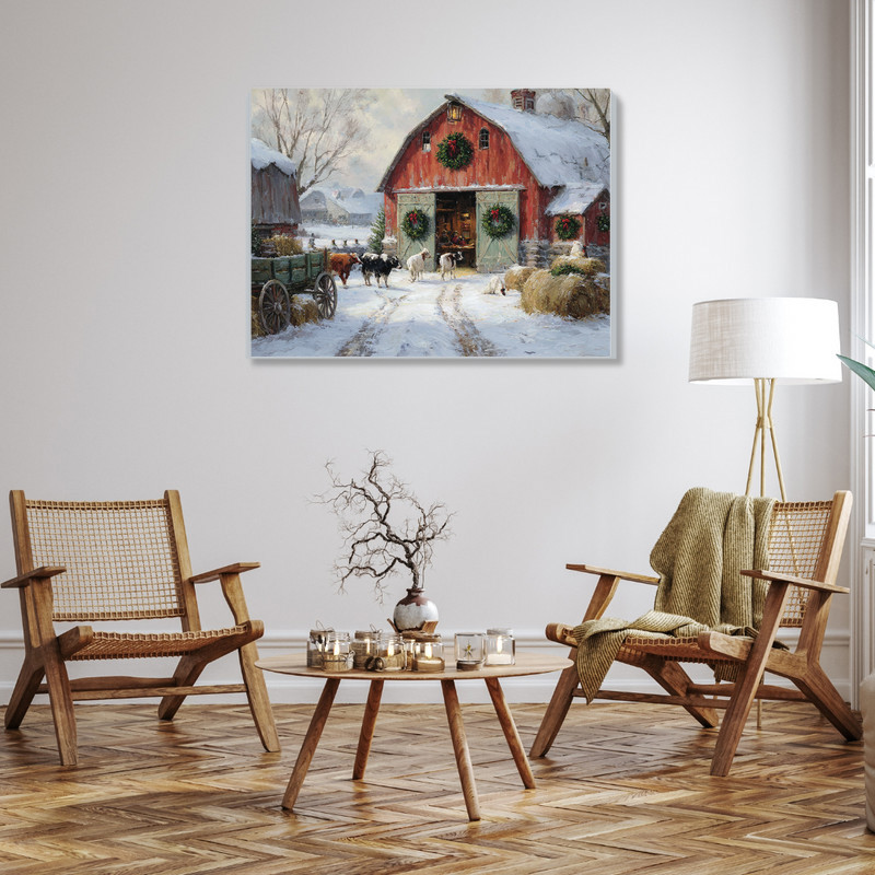 Christmas farm canvas wall art, white barn with string lights, snowy pasture and animals, rustic farmhouse holiday look