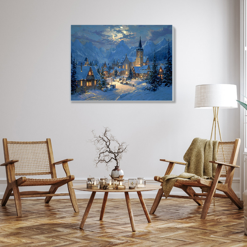 Christmas village holy night canvas wall art with snow-dusted cottages, rustic farmhouse accent for mantel or entryway