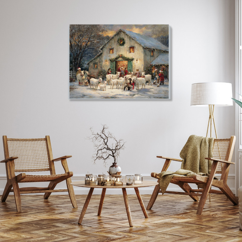 Farm animals in winter canvas wall art in neutral tones, rustic Christmas barn and fence, farmhouse wall decor, square Farm animals in winter canvas wall art in neutral tones, rustic Christmas barn and fence, farmhouse wall decor, square